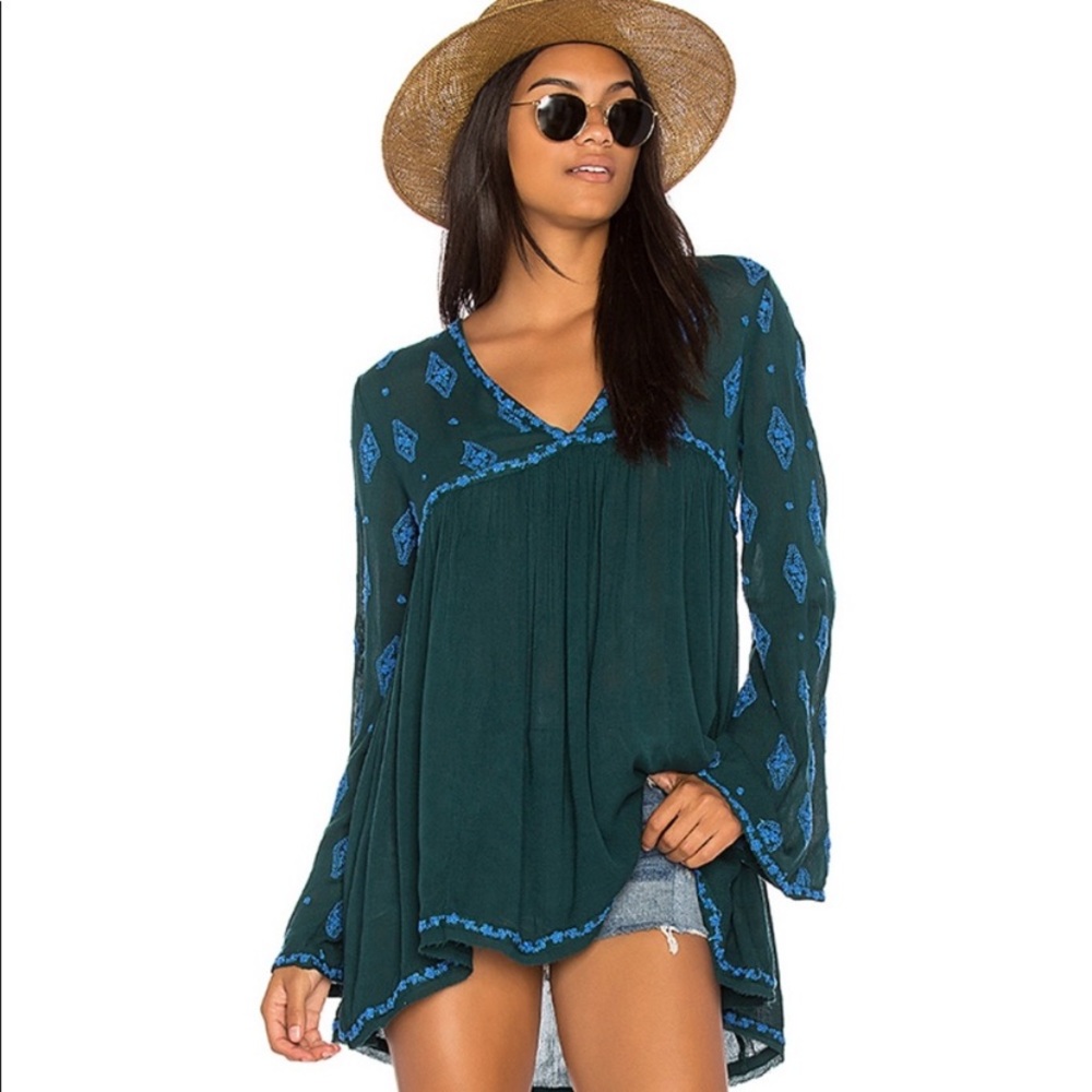 Free People Teal and Blue Embroidered Tunic Bell Sleeve